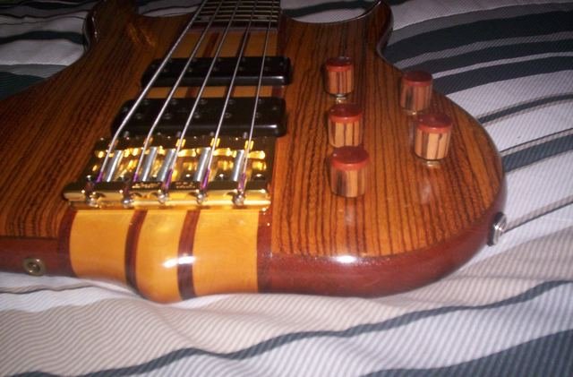 Five-string bass with a striped hardwood body and gold bridge