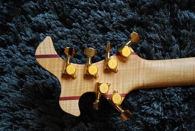 Back of a laminated headstock with gold tuners